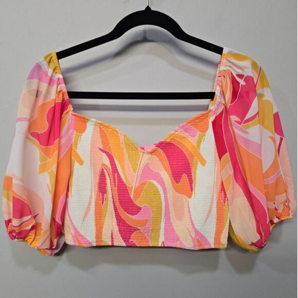 Flying Tomato Shirt Top Women Medium Pink Cropped Smocked Puff Disco Psychedelic